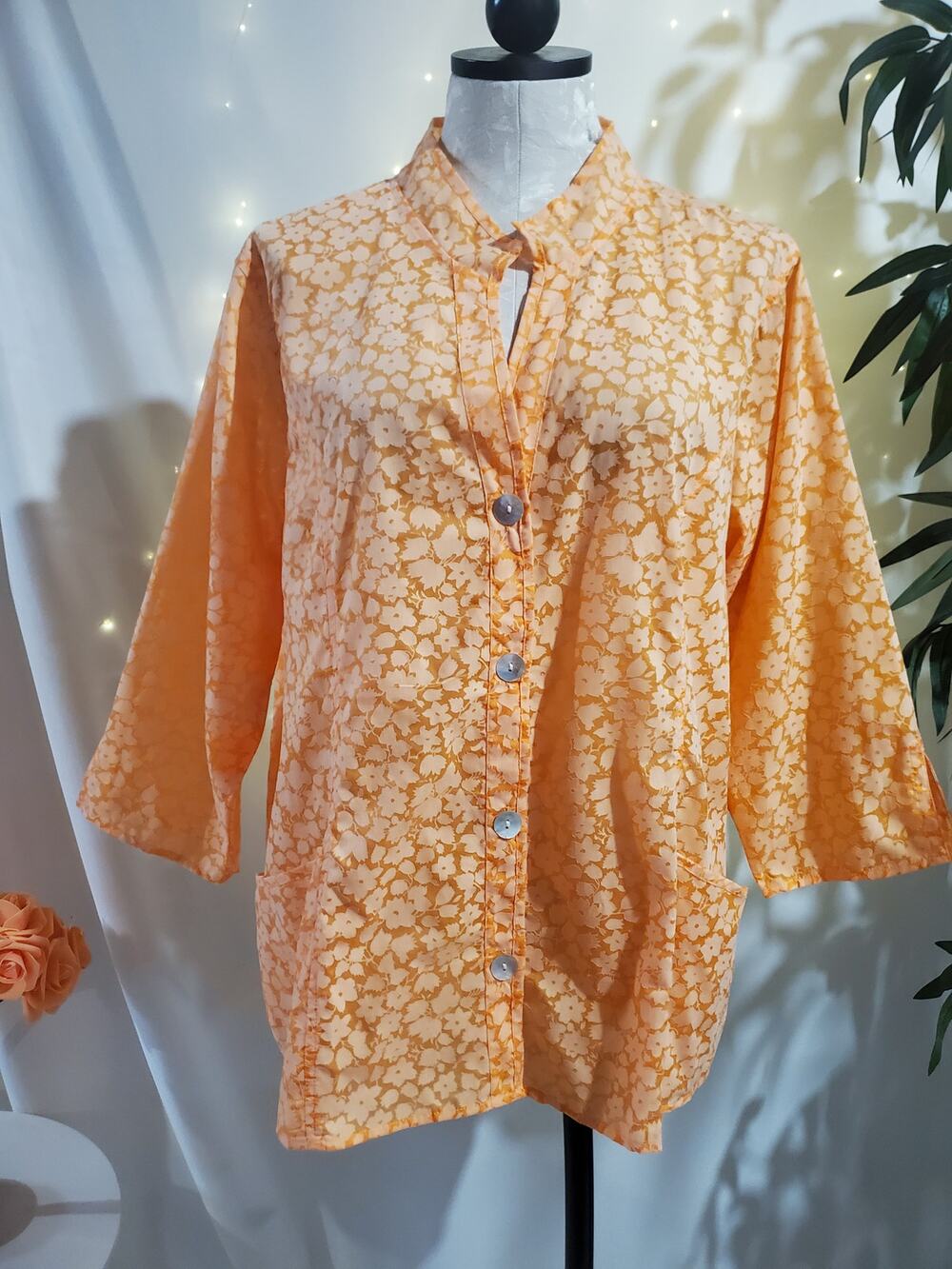 Vtg Denim & Co Sheer Floral Shell Button 3/4 Sleeve Top Plus Sz 1X Retro Orange